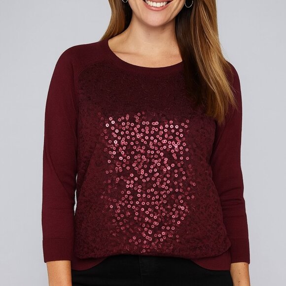 LOFT Burgundy Sequin Front Cotton Sweater Women’s Size L - Picture 1 of 11